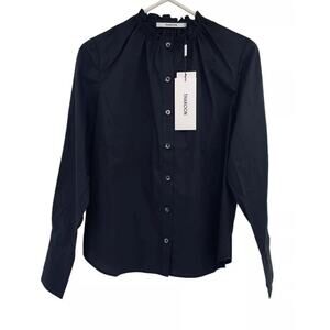 Thakoon Womens Smocked Neck Button Down Blouse Black Long Sleeve Size M NWT